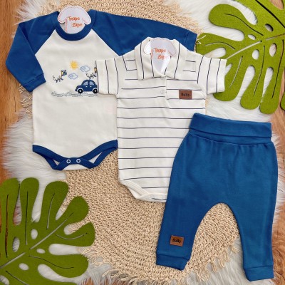 Conj. de Malha 3 peças - Carrinho e Pipas - Marinho e Off White